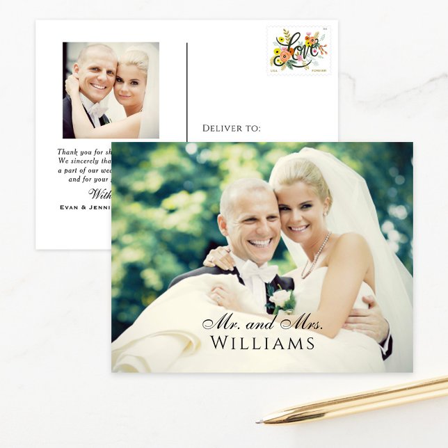 Mr and Mrs Script Name Thank You Wedding Photo Postcard (Creator Uploaded)