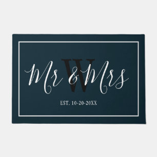 Mr and Mrs Script Navy Blue Family Monogram Name Doormat