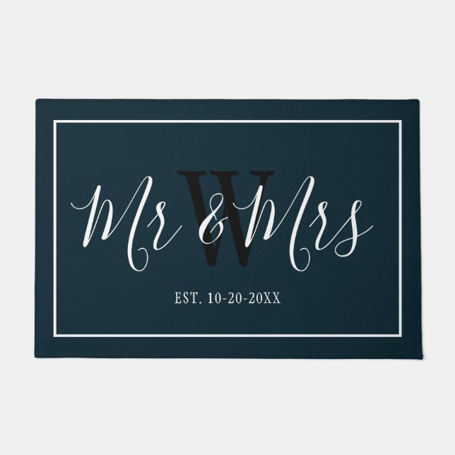 Mr and Mrs Script Navy Blue Family Monogram Name Doormat (Front)