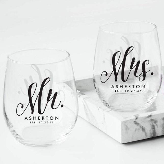 Mr. and Mrs. script newlywed personalized black Stemless Wine Glass (Creator Uploaded)