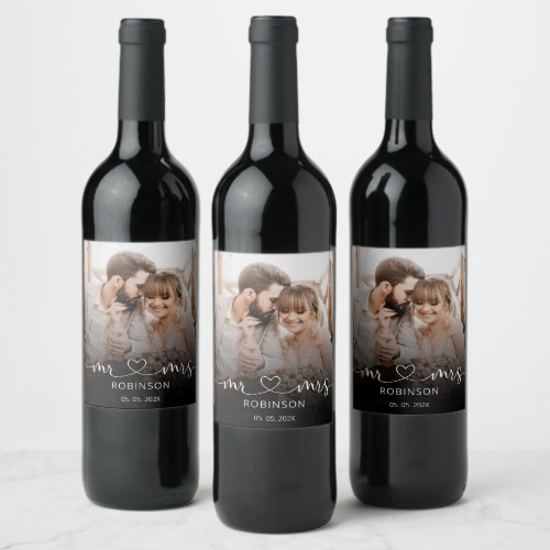 Mr and Mrs Script Photo Wedding Bottle Favor Wine Label