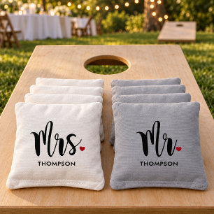 Mr and Mrs Script Wedding White and Gray Cornhole Bags
