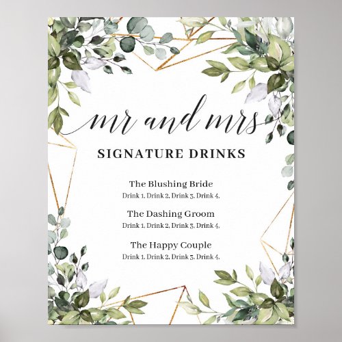 Mr and Mrs signature drinks boho greenery sign