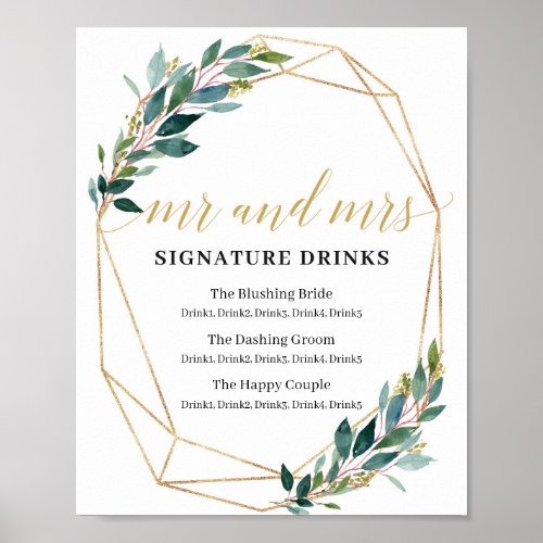 Mr and Mrs Signature drinks sign greenery foliage