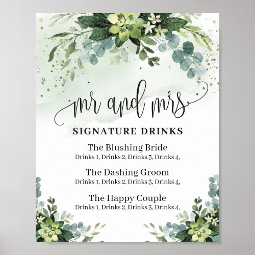 Mr and Mrs signature drinks sign succulent boho