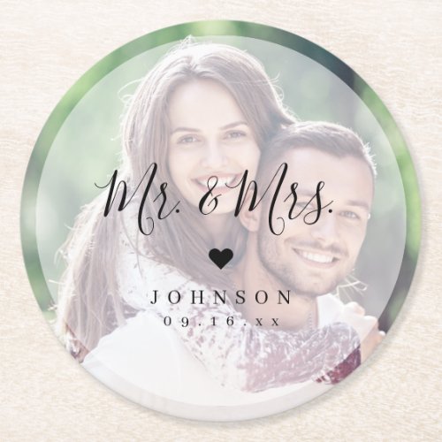 Mr and Mrs simple elegant script photo wedding Round Paper Coaster
