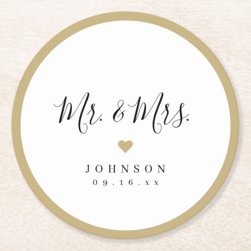 Mr and Mrs simple elegant script wedding Round Paper Coaster