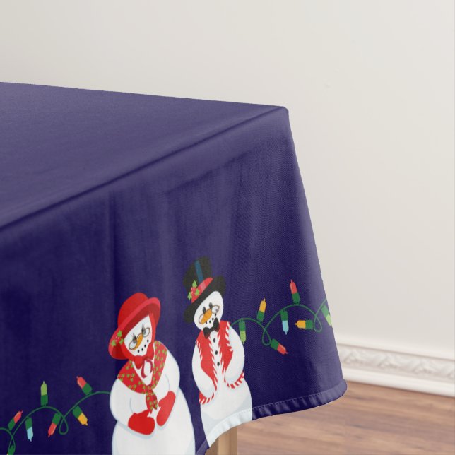 Mr and Mrs Snowman Christmas Lights Tablecloth (In Situ)