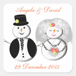 Mr and Mrs Snowman Cute Snow Bride and Groom Square Sticker