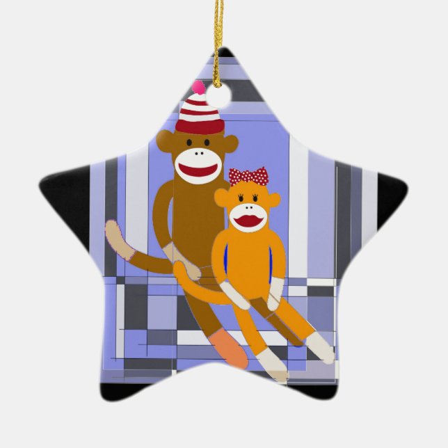 Mr. and Mrs. Sock Monkey. Ceramic Ornament (Front)