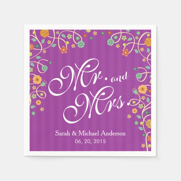 Mr. And Mrs. Stylish Purple Swirl Floral Wedding Napkin