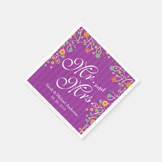 Mr. And Mrs. Stylish Purple Swirl Floral Wedding Napkin