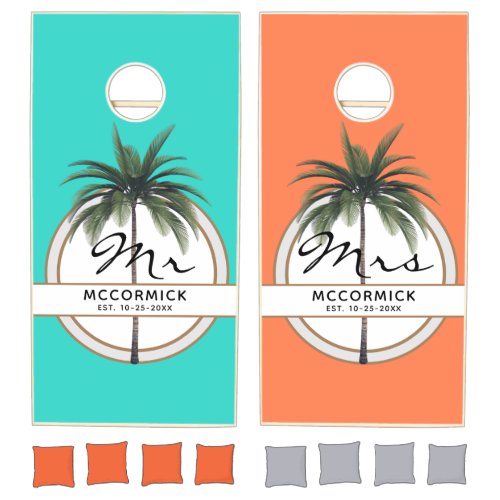 Mr And Mrs Summer Beach Wedding Monogram Name Cornhole Set