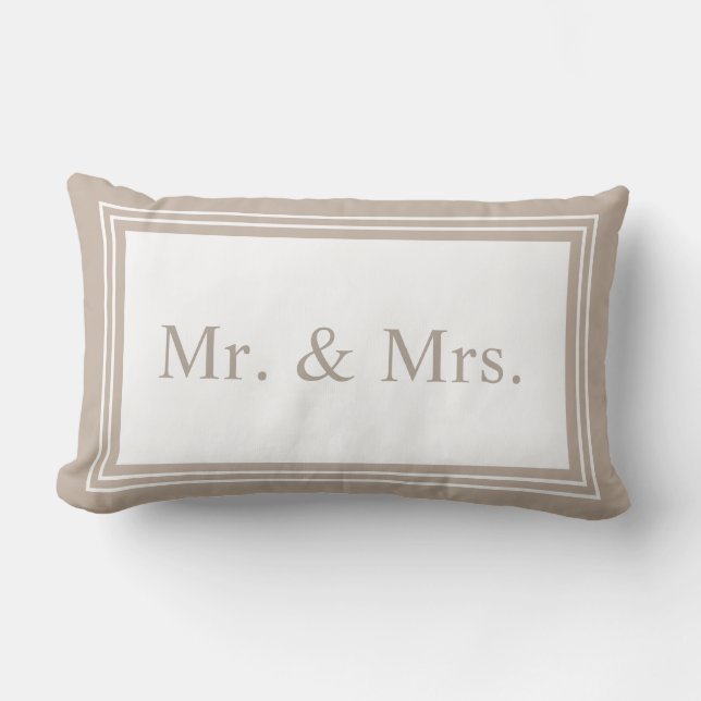 Mr and Mrs Taupe Wedding Keepsake Lumbar Pillow (Front)