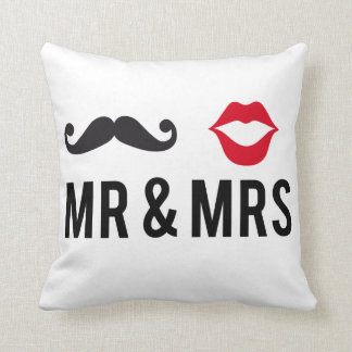 Mr and Mrs, text design with mustache and red lips Throw Pillow