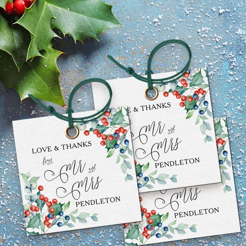 Mr and Mrs Thank You Calligraphy Holly and Berries Favor Tags