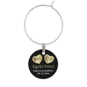 Mr and Mrs Together Forever in Gold & Black   DIY Wine Glass Charm