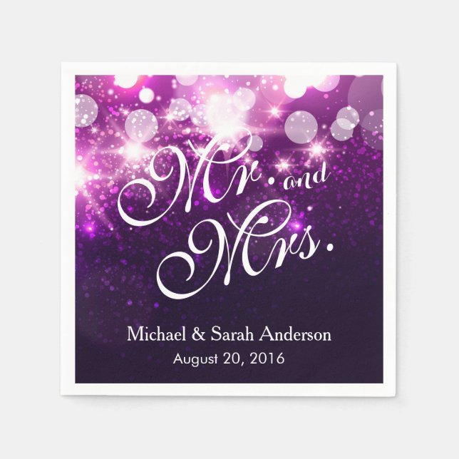 Mr. and Mrs. Trendy Purple Glitter Sparkle Wedding Paper Napkins (Front)