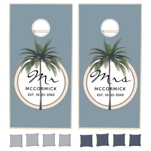Mr and Mrs Tropical Summer Beach Wedding Monogram Cornhole Set