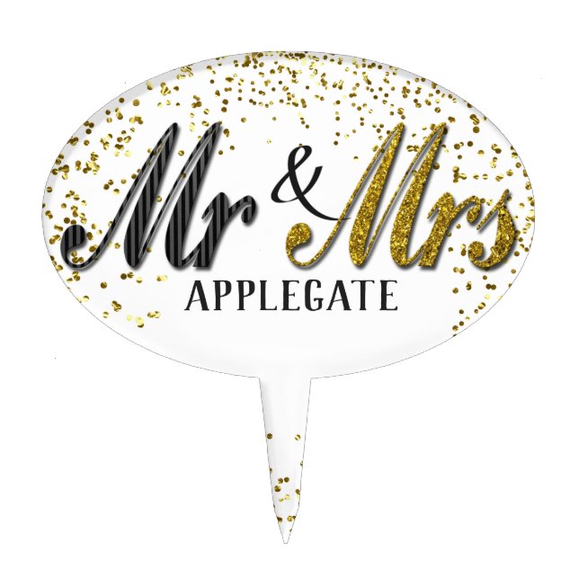 Mr and Mrs Tuxedo Gold Personalized Custom Wedding Cake Topper (Front)