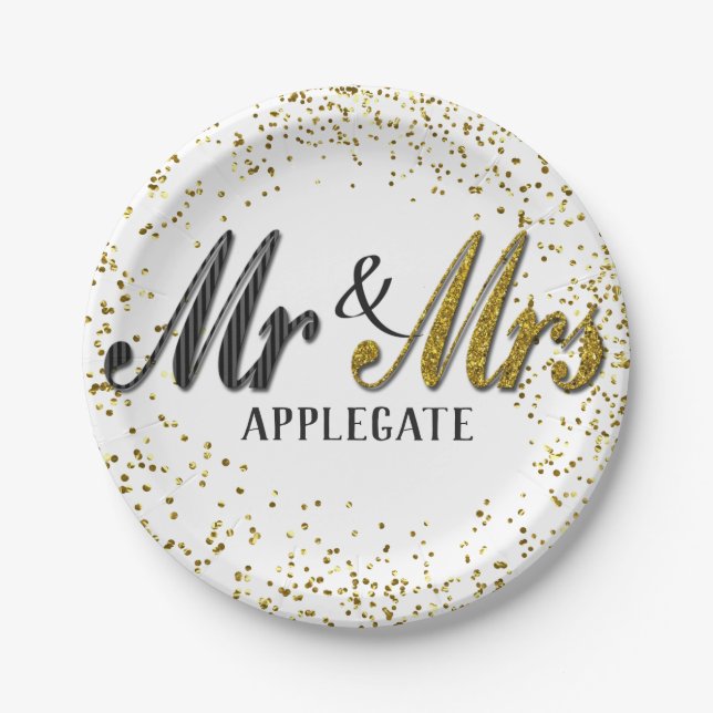 Mr and Mrs Tuxedo Gold Personalized Custom Wedding Paper Plates (Front)