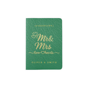Mr And Mrs Two Hearts   Dark Spring Green  Passport Holder