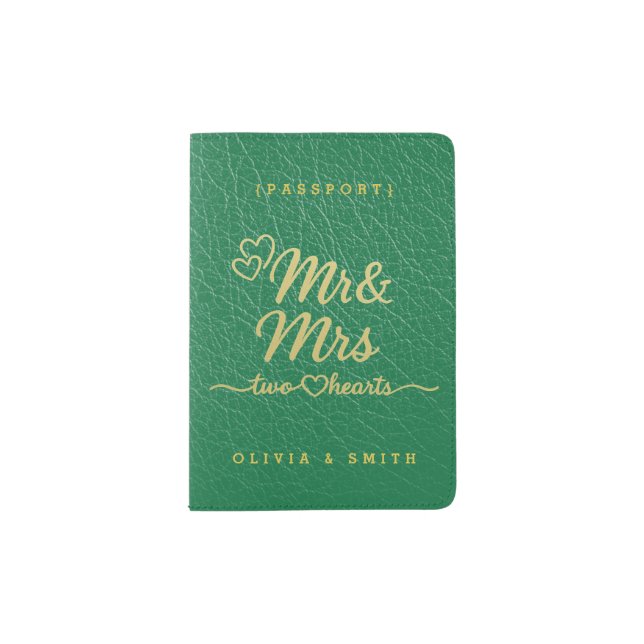 Mr And Mrs Two Hearts | Dark Spring Green  Passport Holder (Front)