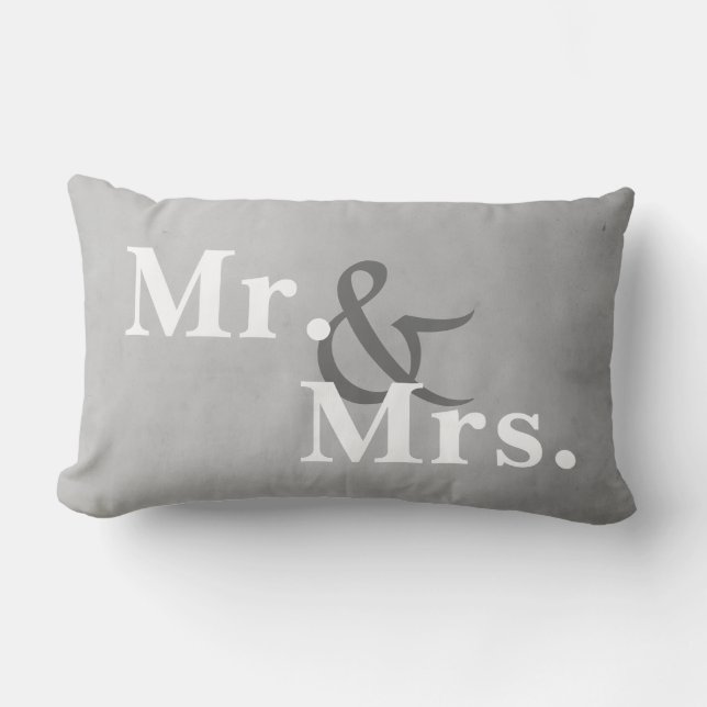Mr. and Mrs. typography pillow gray and white (Front)