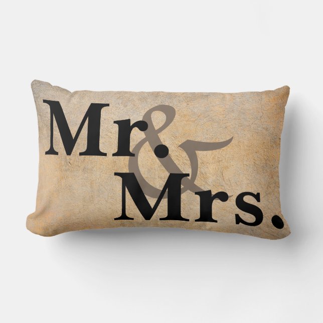 Mr. and Mrs. typography pillow sepia and khaki. (Front)