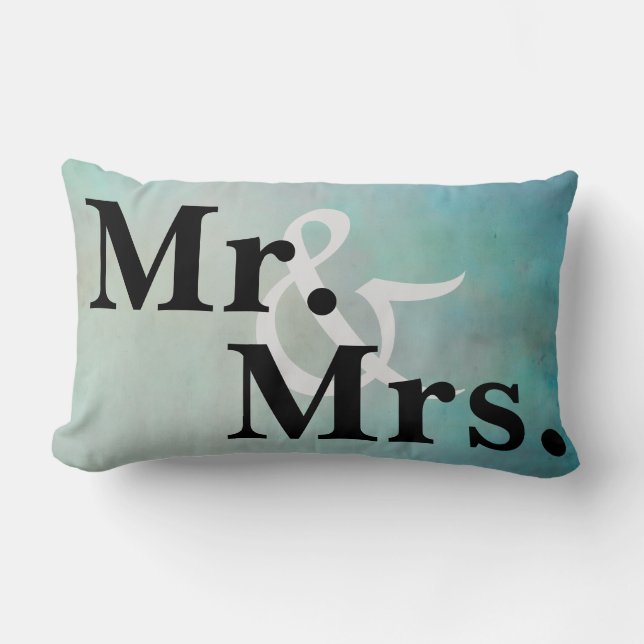 Mr. and Mrs. typography pillow teal blue ombre (Front)