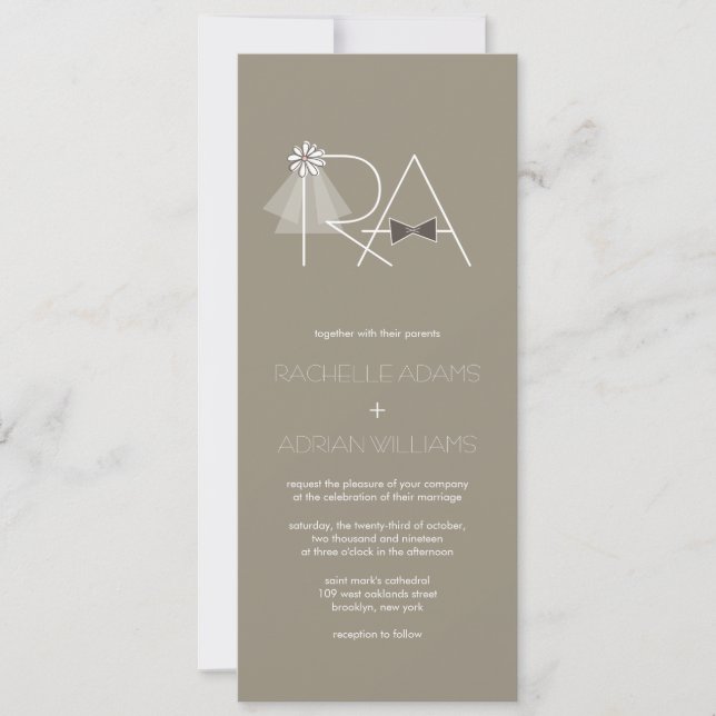 Mr and Mrs Veil & Bow Tie Monogram Wedding Invite (Front)