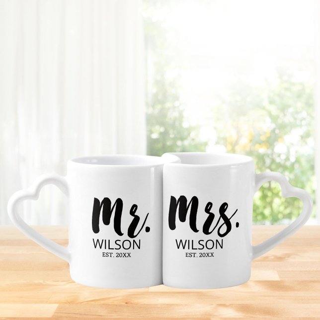Mr. and Mrs. Wedding Anniversary Couple Coffee Mug Set (In situ Kitchen table)