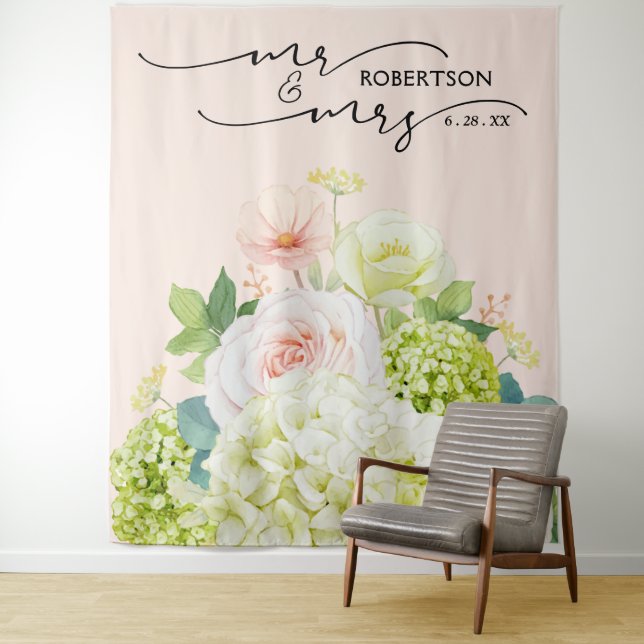 Mr. and Mrs. Wedding Backdrop Floral Pink Banner (In Situ)
