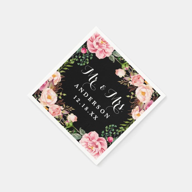 Mr And Mrs Wedding Classy Pink Flowers Wreath Paper Napkin