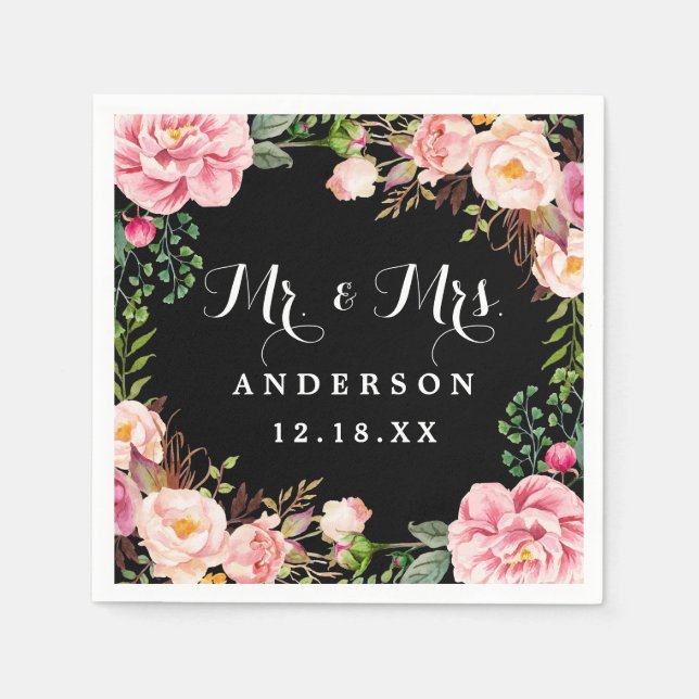Mr and Mrs Wedding Classy Pink Flowers Wreath Paper Napkins (Front)