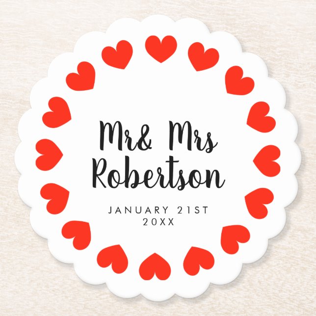 Mr and Mrs wedding coasters with red hearts (Front)