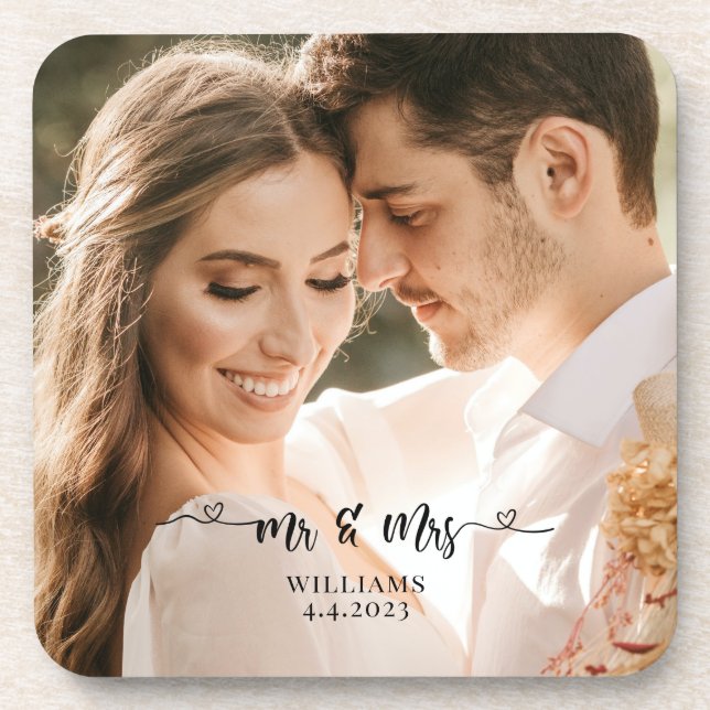 Mr. and Mrs. Wedding Couple Beverage Coaster (Front)
