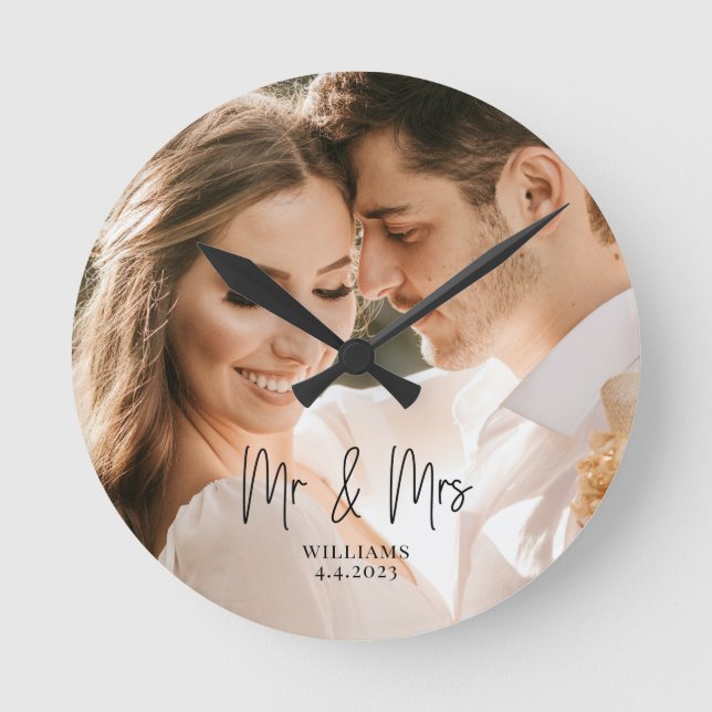 Mr. and Mrs. Wedding Couple Round Clock (Front)