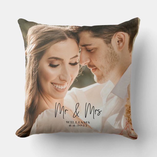 Mr. and Mrs. Wedding Couple Throw Pillow (Front)