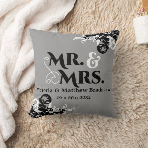 Mr. and Mrs. Wedding Customizable Background Color Throw Pillow
