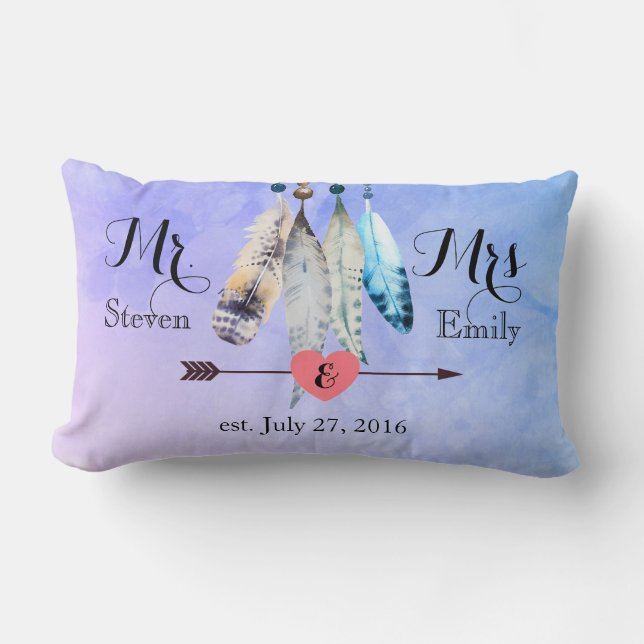 Mr and Mrs Wedding Date watercolor feathers Lumbar Pillow (Front)