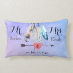 Mr and Mrs Wedding Date watercolor feathers Lumbar Pillow<br><div class="desc">A wedding date commemorative pillow with room to personalize with the bride and grooms names. Mr (first name) and mrs (first name), est. (wedding date). A watercolor design with four soft delicate looking feathers beaded together hanging down from the top border. An arrow with a heart through it at the...</div>