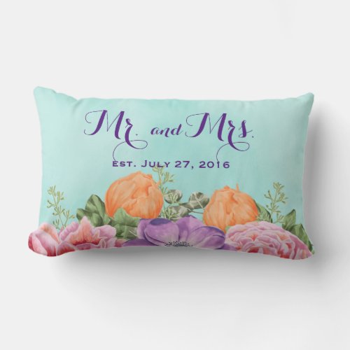 Mr and Mrs Wedding Date Watercolor Flowers Lumbar Pillow