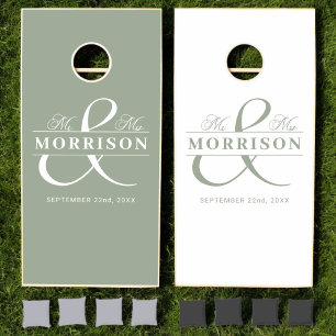 Mr. and Mrs Wedding Elegant Modern Sage Green Cornhole Set