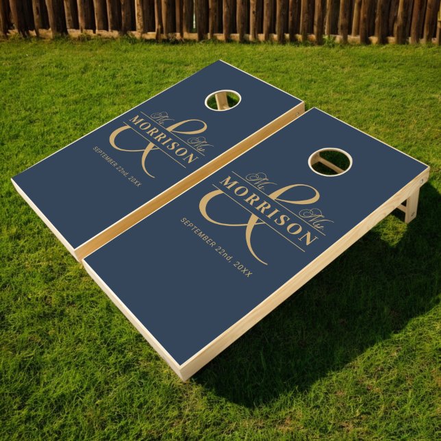 Mr. and Mrs Wedding Elegant Navy Blue Gold Cornhole Set (Creator Uploaded)