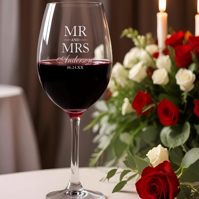 Mr and Mrs Wedding Etched Wine Glass (Customize to change text size or text style.)