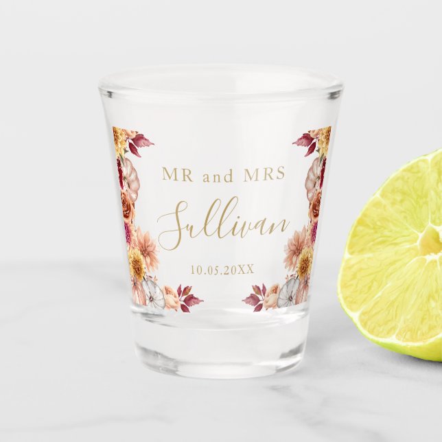 Mr and Mrs Wedding fall flowers pumpkins favor Shot Glass (Front)