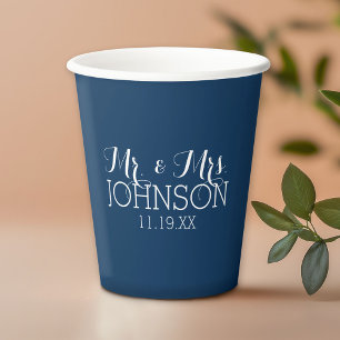 Mr and Mrs Wedding Favor Solid Navy Blue Paper Cups