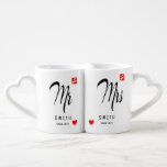 Mr and Mrs Wedding heart Coffee Mug Set<br><div class="desc">Personalized monogram coffee mugs make a unique wedding gift for the new Mr and Mrs! This minimalist design features modern black script writing,  a red heart accent,  music icon and custom text that can be personalized with the newlywed couple's married last name.</div>