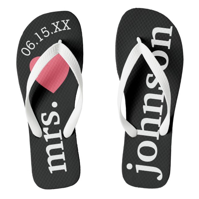 Mr. and Mrs. Wedding Honeymoon Heart Text Flip Flops (Footbed)